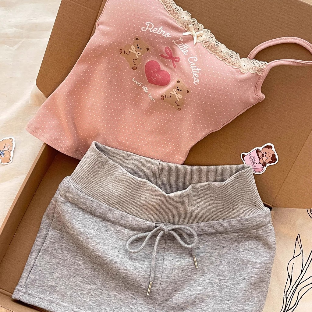 ชุดนอนผู้หญิงสไตล์อินสตาแกรม แต่งลูกไม้ ลายการ์ตูนหมี มีฟองน้ำ ชุดนอนฤดูร้อน ชุดนอนขาสั้น