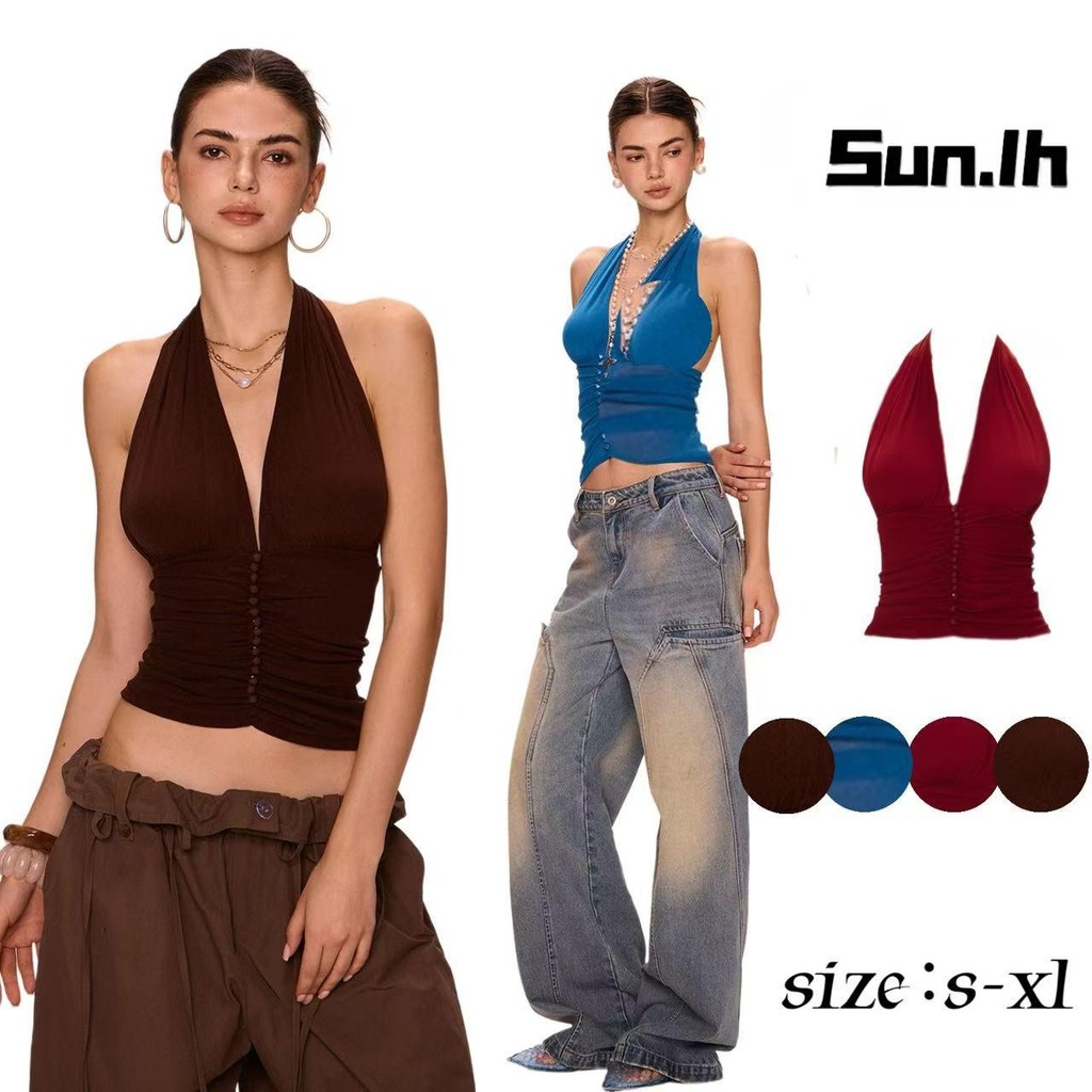 SUN🛍️พร้อมส่ง🛍️เสื้อกล้ามตาข่ายคอฮอลเตอร์เปลือยหลัง ดีไซน์เสื้อกล้ามแขนกุดสำหรับผู้หญิงช่วงฤดูร้อน