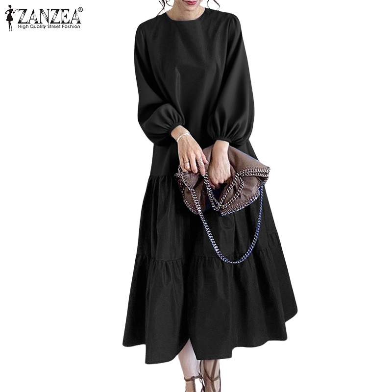 ZANZEA ชุดเดรสแขนยาวพัฟแขนชั้นเย็บสไตล์เกาหลีสำหรับผู้หญิงใส่ลำลอง