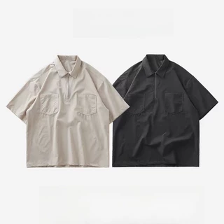 BECOOLMAN-สีล้วน ชุดทำงาน ซิป ผ้าไหมน้ำแข็ง แขนสั้น ชาย แบบหลวม ลำลอง แห้งเร็ว POLOเสื้อ