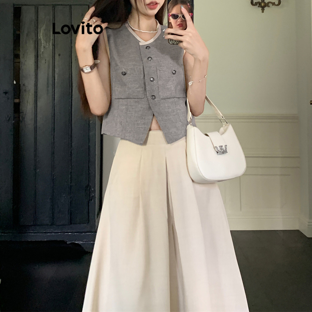 Lovito เสื้อแขนกุดผู้หญิง มีกระเป๋า สีพื้น คัลเลอร์บล็อก สไตล์ลำลอง LNE30182 (สีแอปริคอต / สีเทา)