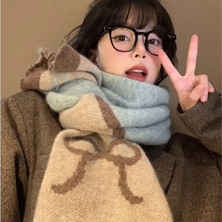 ผ้าพันคอถักโบว์สีผู้หญิงฤดูหนาว 2024 สไตล์ใหม่สไตล์เกาหลีบรร…