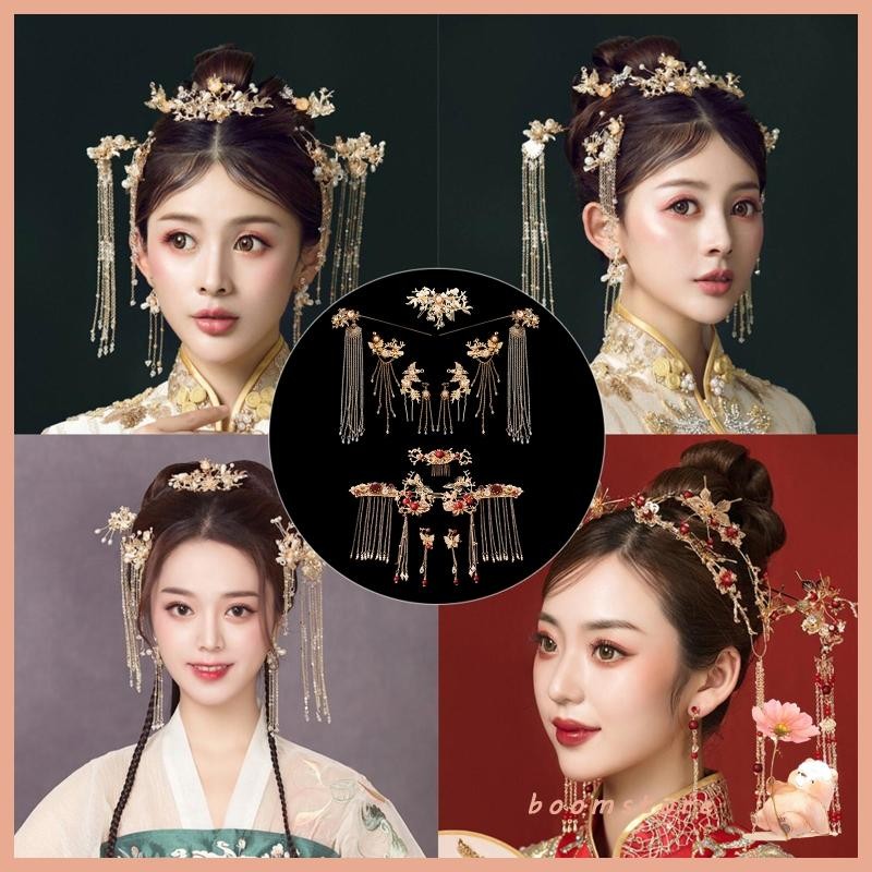 บูมเจ้าสาวย้อนยุคสไตล์จีนเครื่องประดับผมพู่ผู้หญิงแต่งงานผ้าโพกศีรษะต่างหู