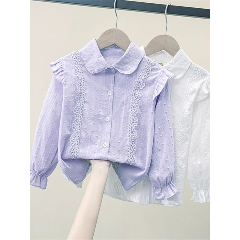 เสื้อเชิ้ตเด็กผู้หญิงแขนยาวฤดูใบไม้ผลิและฤดูใบไม้ร่วงเด็กใหม่สไตล์เกาหลีเสื้อเชิ้ตสีขาวลูกไม้สไตล์ตะวันตกเสื้อแฟชั่น