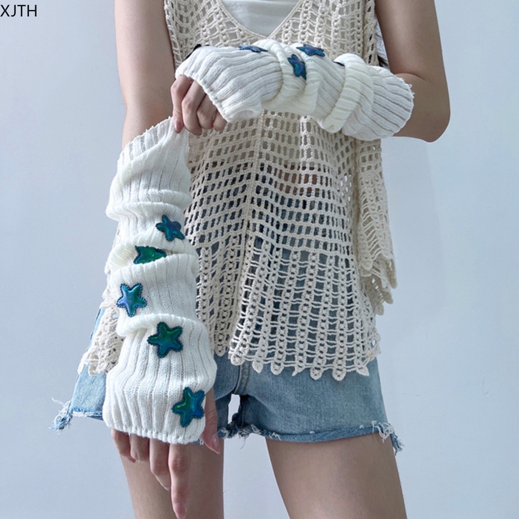 สไตล์ถัก Star Geometric Fingerless Sleeves-Warm,Cozy,และตกแต่งฤดูหนาวปลอกแขนสําหรับผู้หญิง-โพลีเอสเตอร์,Y2Kแรงบันดาลใจ,ลําลองออกนอกบ้าน,และอุปกรณ์อเนกประสงค์<XJTH