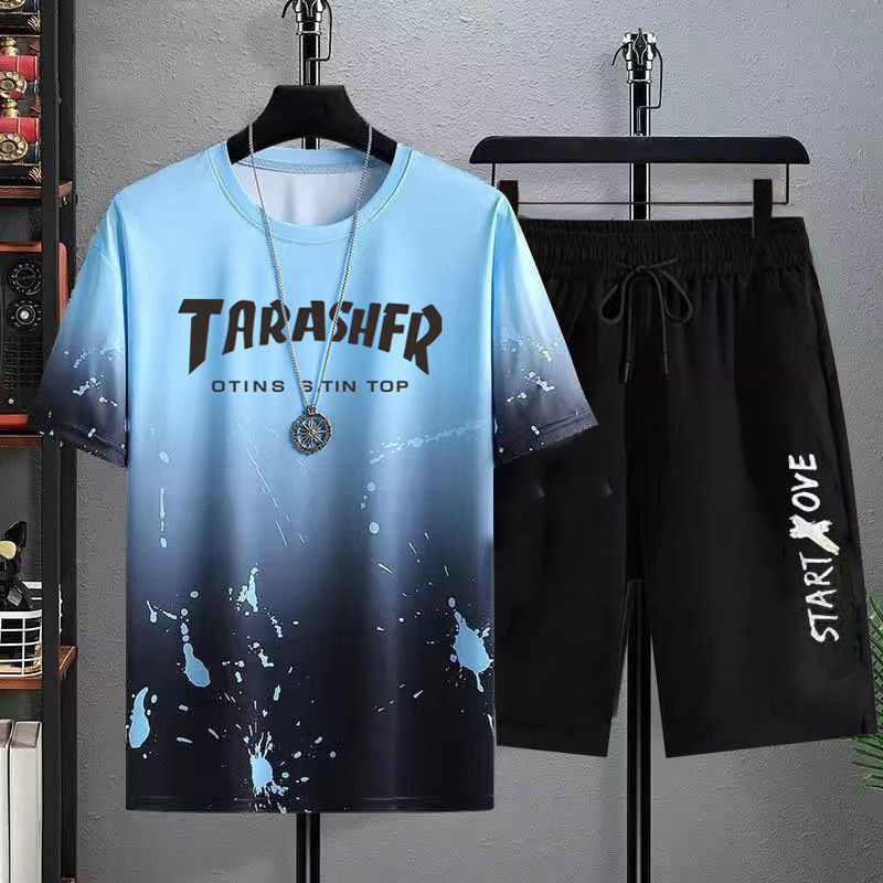 BBOYMMYOBB เสื้อยืดแขนสั้นผู้ชายฤดูร้อนกางเกงขาสั้นลําลองกีฬาชุดสองชิ้น
