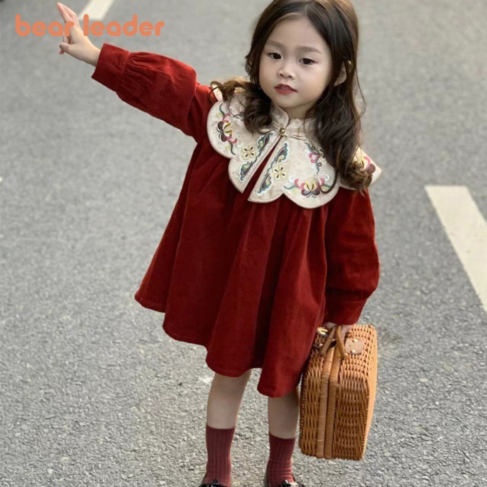 หมีผู้นําฤดูใบไม้ร่วงและฤดูหนาวดอกไม้ปักปกสาวชุด2-7ปีเกาหลีแขนยาวเสื้อผ้าเด็กสีแดงคริสต์มาสและปีใหม่ชุด