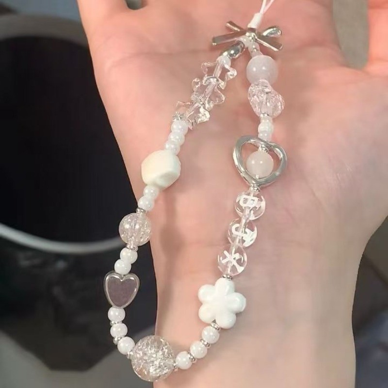 เกาหลีน่ารักใสดาวดอกไม้สีขาวลูกปัดโทรศัพท์โซ่เสน่ห์เชือกเส้นเล็กสําหรับ ไอโฟน 15 ซีซีดี กล้องเชือกแขวนสาวเครื่องประดับจี้