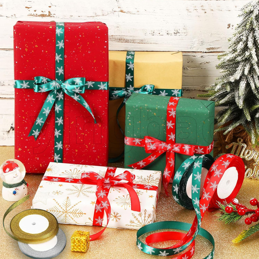22เมตร คริสต์มาสเกล็ดหิมะริบบิ้นสําหรับห่อของขวัญ,กว้าง10มิลลิเมตรสีแดงและสีเขียวซาตินริบบิ้นสําหรับเทศกาลตกแต่งพรรควันหยุดงานฝีมือ ทําเอง