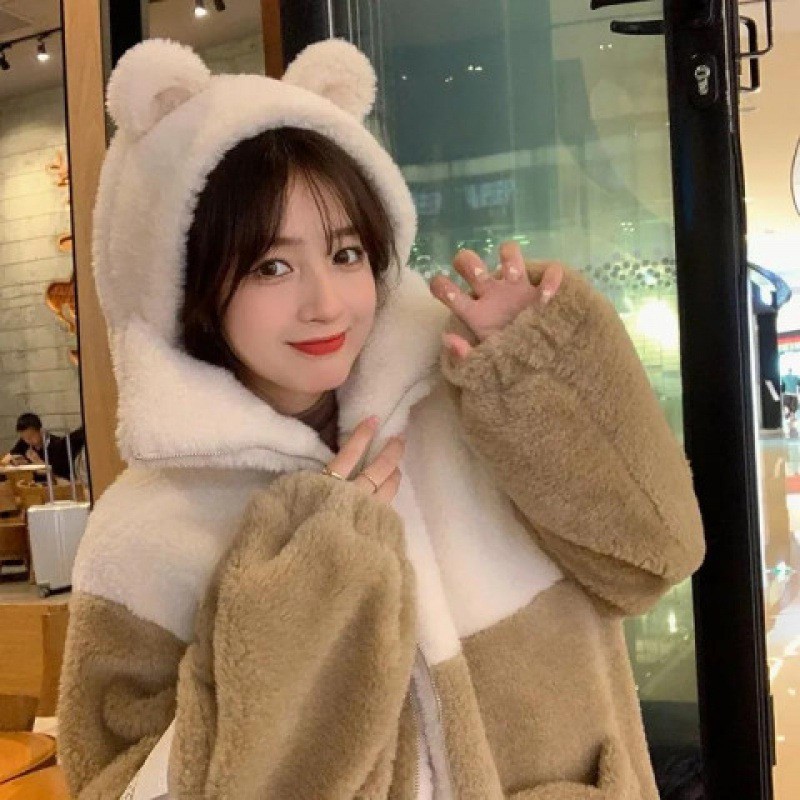 Particle Velvet Teddy Bear EAR hooded Zipper เสื้อแจ็คเก็ตผ้าฝ้ายหนาของผู้หญิง