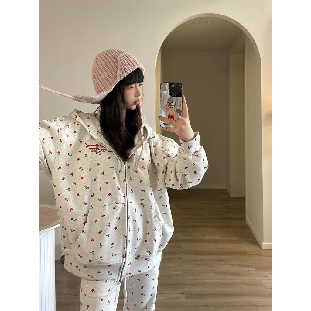 Cotton Younger Trousers INS Dongdaemun+Sweater South Korea Cardigan Girlish Style Sweet Small Floral Suit Hooded