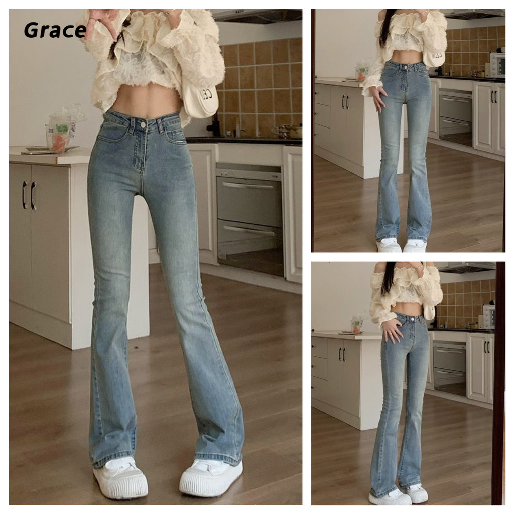 [Grace] กางเกงยืนส์ขายาว ทรงขาม้า มีไซส์ XS-XL เอวสูง รัดรูปทรงสวย สียีนส์อ่อน ผ้ายืนส์นิ่มยืด ใ..G79817#