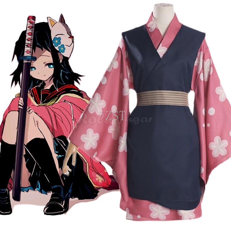 Zst Anime Demon Slayer Kimetsu ไม่มี Yaiba Makomo คอสเพลย์เครื่องแต่งกายผู้หญิงผู้ชายชุดกิโมโน PVC หน้ากากวิกผมสําหรับปาร์ตี้ฮาโลวีน