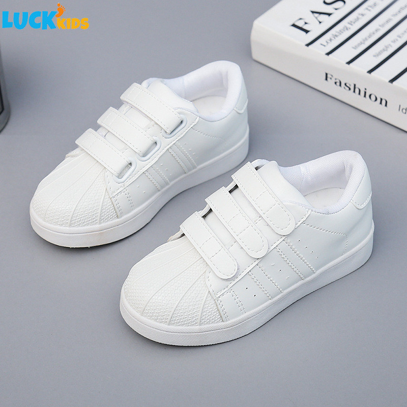 LUCK Kids รองเท้าผ้าใบเด็ก สีขาวบริสุทธิ์ รองเท้านักเรียน เปลือกหอย นิ้วเท้า เหมาะสําหรับเด็กชายและเด็กหญิง