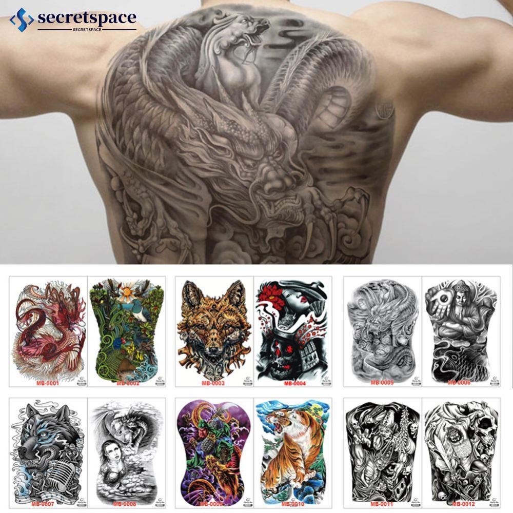 Secretspace 1 แผ่นใหญ่ขนาดใหญ่เต็มหลังหน้าอกสักขนาดใหญ่สติกเกอร์ปลาหมาป่าเสือมังกรกันน้ําชั่วคราวแฟล