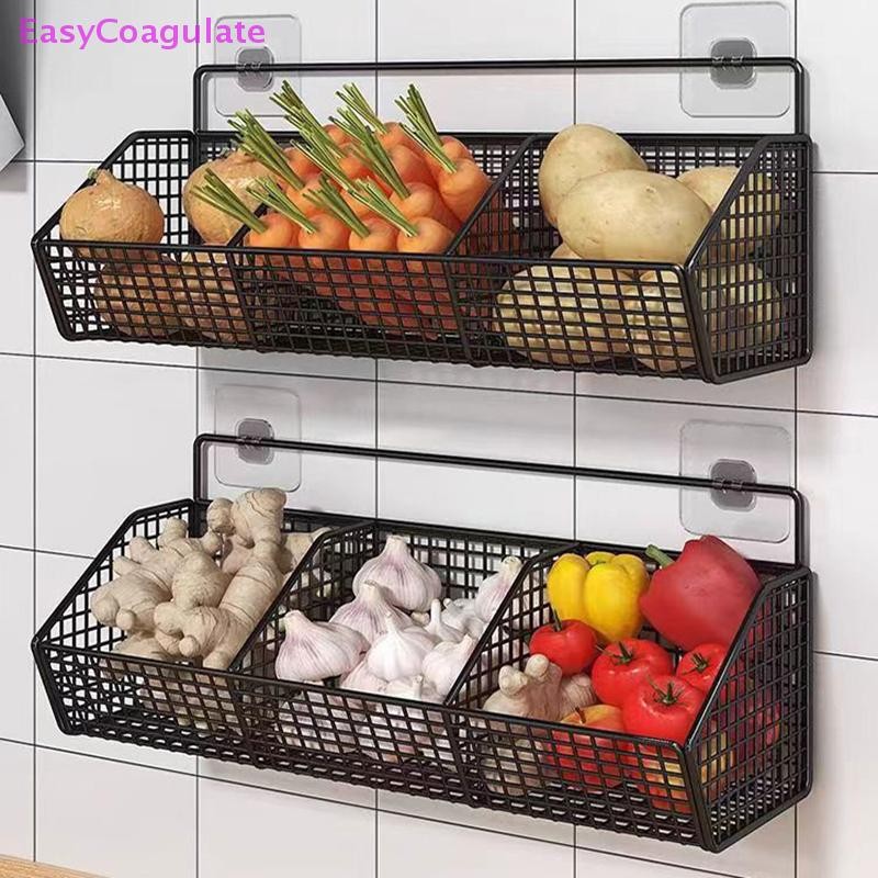 Eas ห้องครัวติดผนังชั้นเก็บหัวหอมขิงกระเทียมเครื่องปรุงรสเครื่องเทศชั้นวาง Wall Punch-ฟรีผักผลไม้ท่อระบายน้ําตะกร้า Ate