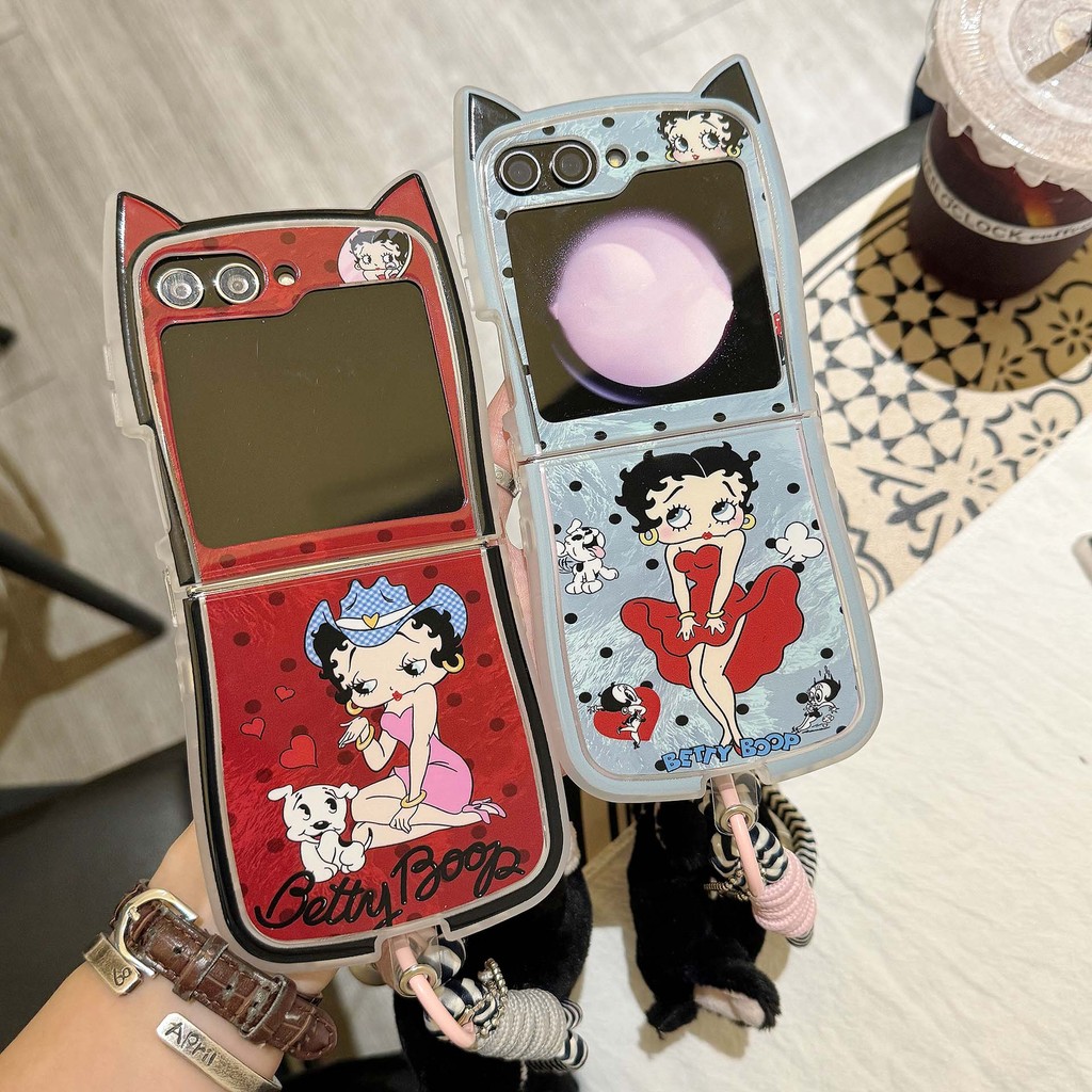 จุดสีแดง Betty Boop ตุ๊กตาเชือกหูแมว TPU สําหรับ Samsung Galaxy Z Flip 6 5 4 3 5G Funda กรณี