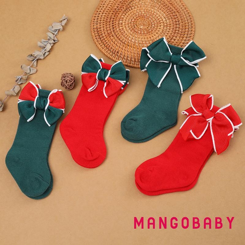Mg-toddler Girls Christmas Socks Cute Bow Crew Socks Soft Breathable Baby Knee High Socks
