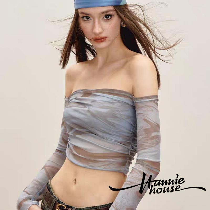 Hanie House- เสื้อครอปสตรีแขนยาวปิดไหล่มัดย้อมตาข่าย