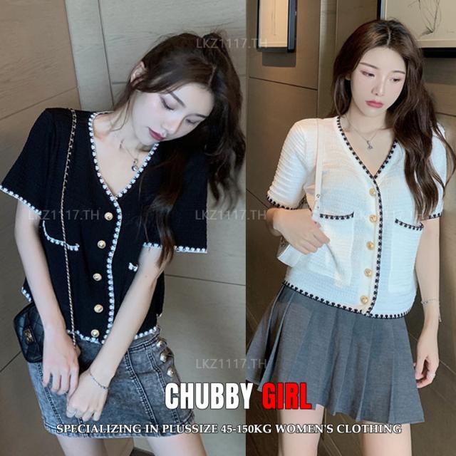 Plus size เสื้อผ้าสาวอวบ เสื้อยืดสาวอวบอ้วน ไซส์ใหญ่ ผู้หญิง เสื้อไหมพรม ทรงหลวม แขนสั้น คอวี ฤดูร้อน สไตล์เกาหลีแฟชั่น