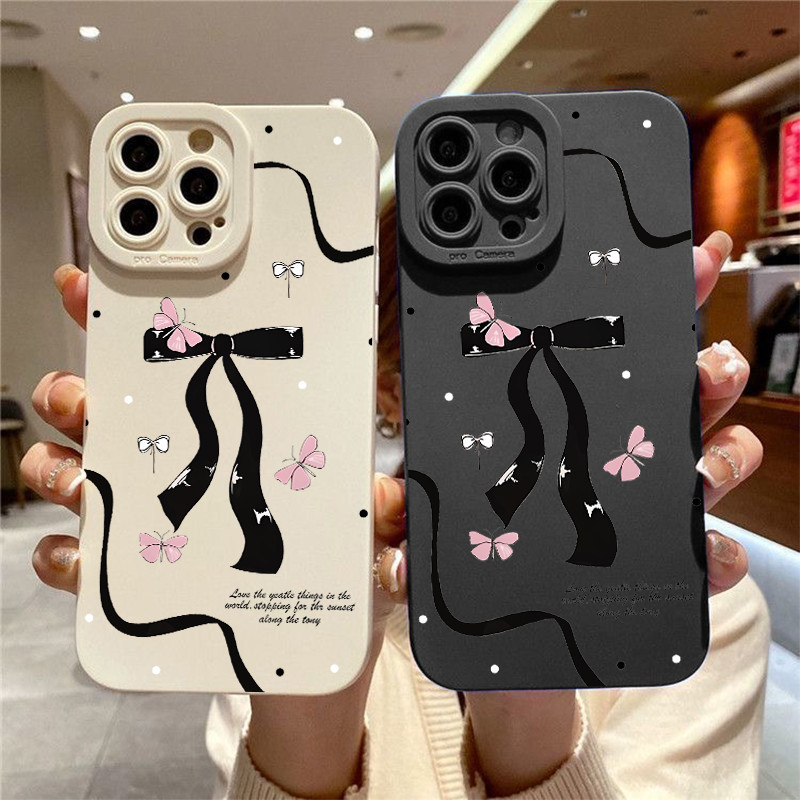 เคสโทรศัพท์ซิลิโคนอ่อนนุ่มเข้ากันได้สําหรับ IPhone 16 15 14 13 12 11 Pro Max ปลอก X XR XS Max 7 8 Plus น่ารักสีดํา Bowknot กันกระแทกกล้องฝาครอบป้องกัน