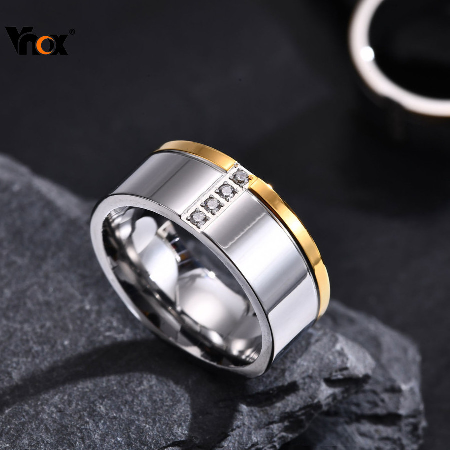 Vnox Gold-Plated Zircon Cubic แหวนสแตนเลสสําหรับผู้ชาย Boy,8 มม.หมั้นแหวนแต่งงาน,ของขวัญเครื่องประดับอินเทรนด์