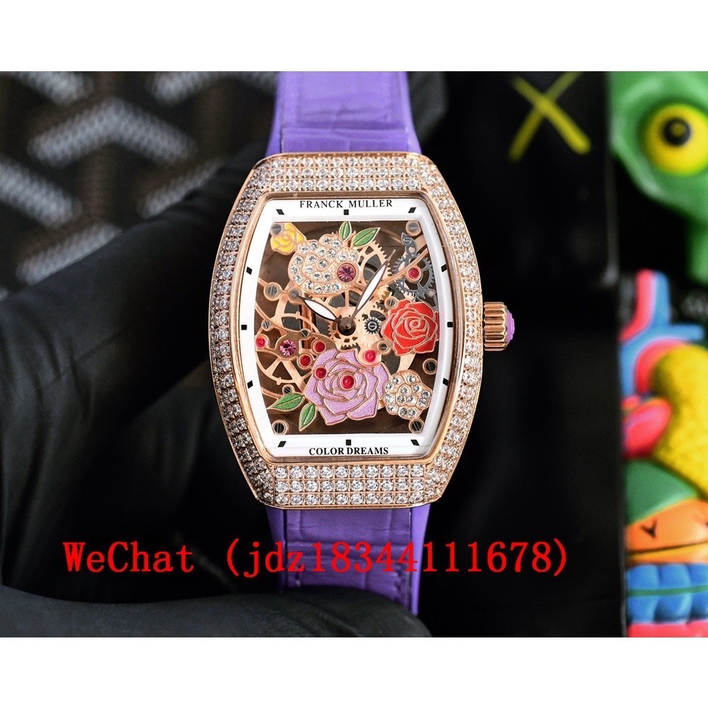 Franck Muller V32 Vanguard Rose Skeleton 32*42.3 มม. Swiss Ronda การเคลื่อนไหวควอตซ์นาฬิกาผู้หญิง