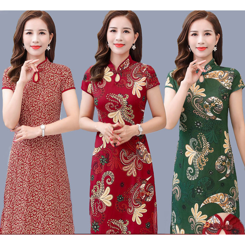 Qipao ชุดกี่เพ้าผู้หญิงปรับปรุงไซส์ใหญ่ CNY ชุดเดรสแขนสั้นลายดอกไม้สไตล์ตะวันตกชุดแม่ชุดฤดูร้อนกี่เพ้าย้อนยุคไซส์ใหญ่ชุดเดรสยาวปานกลาง16oc