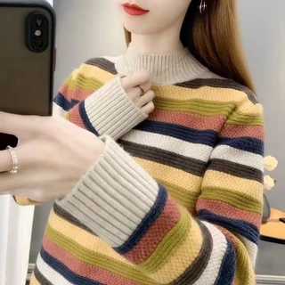 ครึ่งคอเต่าลายเสื้อกันหนาวผู้หญิง 2025 ฤดูใบไม้ร่วงฤดูหนาวสไตล์ใหม่เกาหลีรุ่นหลวมถักเสื้อ จุดต่ําสุด ด้านนอก เรา