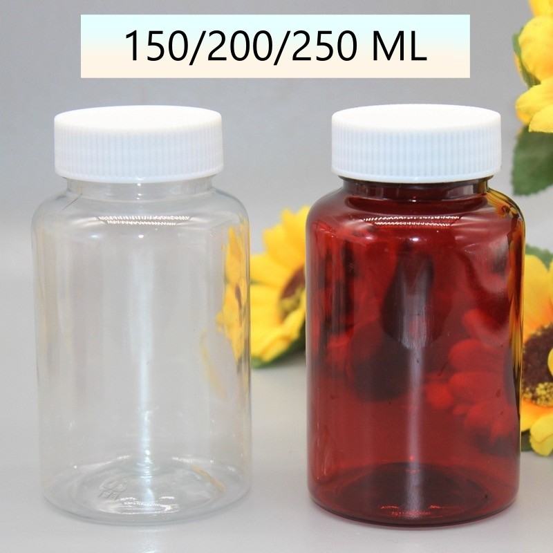 (150 200 250ML)ขวดยาพลาสติกสีชา สีใส PET ชนิดแข็ง แบบหนา