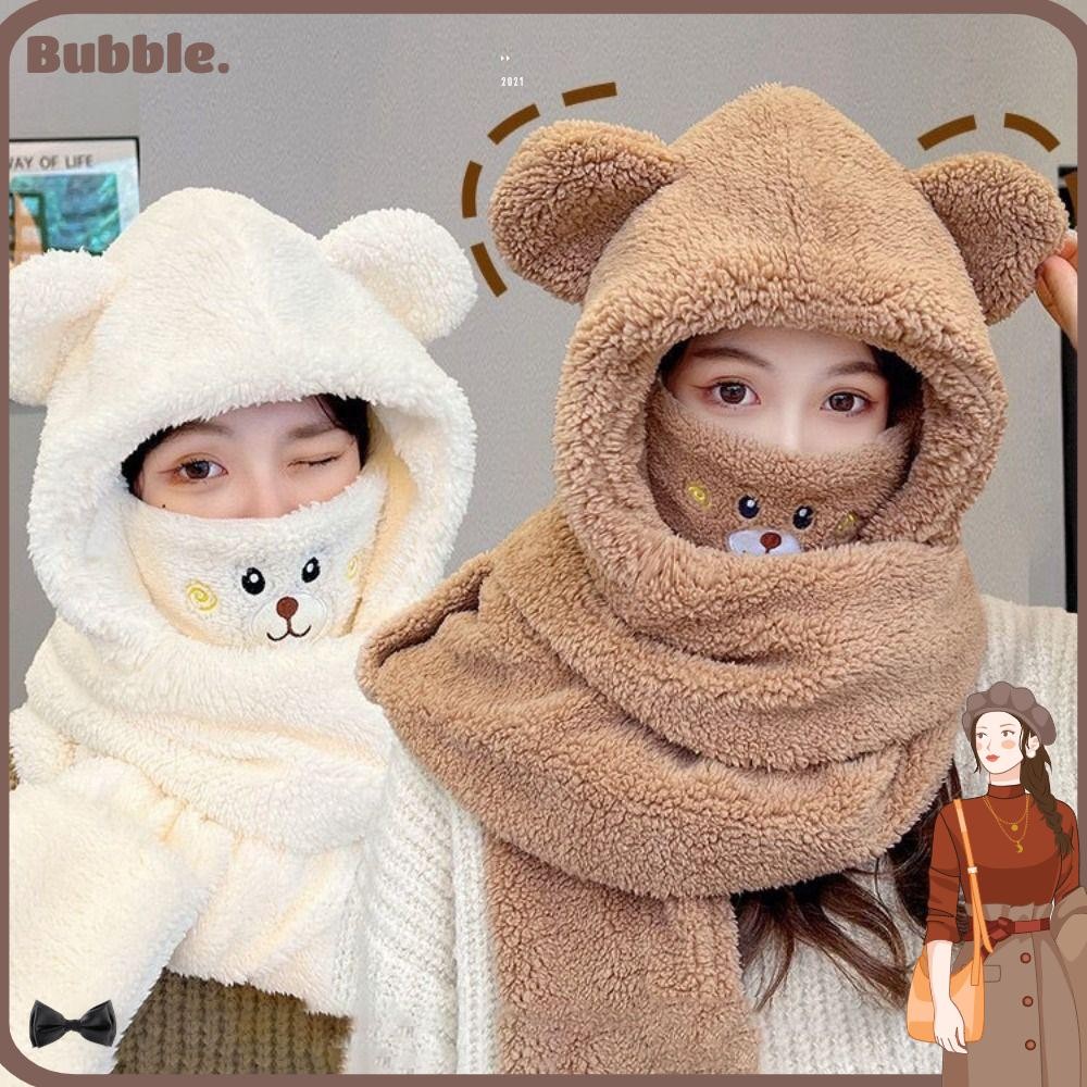 ฟอง หมวกผ้าพันคอถุงมือชุด,หนาตุ๊กตาฤดูหนาวที่อบอุ่นผู้หญิง หมวกไหมพรม หมวก,สบายๆขี่จักรยานน่ารักหมีหูแบบบูรณาการหมวกผ้าพันคอสาว
