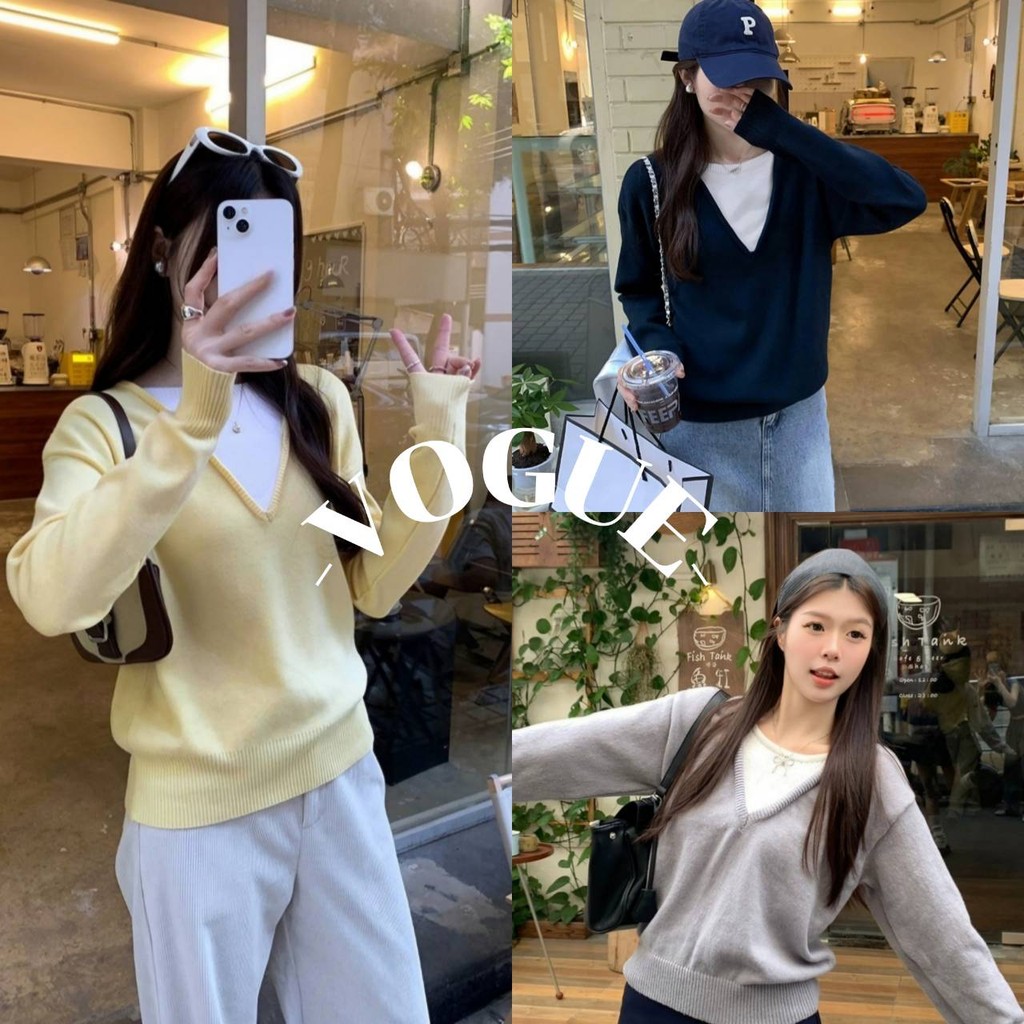 Vogue พร้อมส่ง เสื้อแขนยาวไหมพรม คอกลม สีพื้นใส่กันหนาวได้สบาย (Y2628)