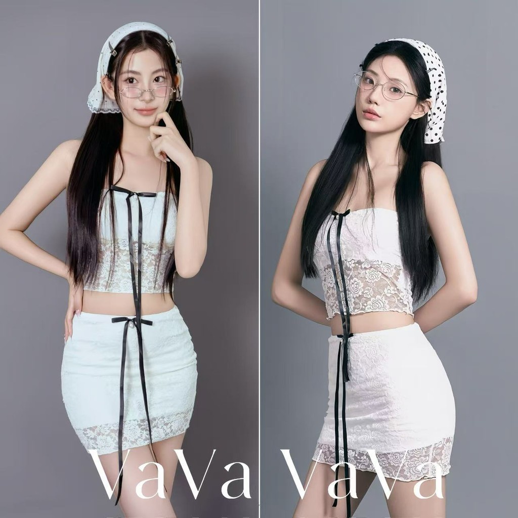 VaVa  มีสินค้า สาวเซ็กซี่ร้อนลูกไม้กระโปรงสั้นชุดสองชิ้นชุดสตรีรัดรูปโบว์สะโพกกอดชุดกระโปรง