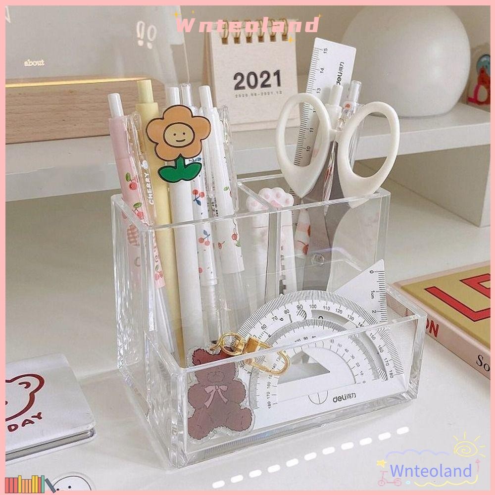 Wnteoland ชั้นเก็บของ ที่ใส่ปากกาอะคริลิกเครื่องเขียนทรงสี่เหลี่ยมโปร่งใสสามตารางความจุขนาดใหญ่ชั้นวางแต่งหน้าโรงเรียน