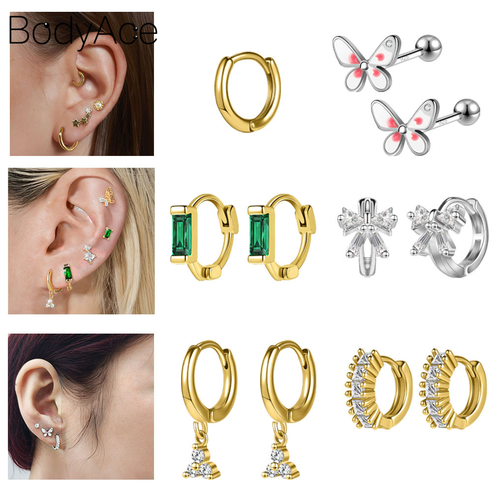 Bodyace 1-2 PCs Ear Stud 925 ต่างหูเงินทองแดงหูเจาะต่างหูคริสตัล Lobe หู Pin Helix ต่างหูกระดูกอ่อนต่างหู