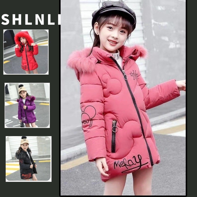 ฤดูใบไม้ร่วงและฤดูหนาวของเด็กผู้หญิงสไตล์เกาหลีปกขนสัตว์เสื้อแจ็คเก็ตผ้าฝ้ายหนาน่ารักหลวมและอเนกประสงค์กลางความยาวเสื้อ