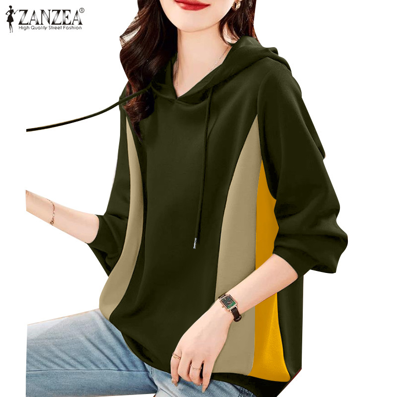 Zanzea ผู้หญิงเกาหลีลําลองหลวม Contrast Patchwork เสื้อฮู้ดแขนยาว