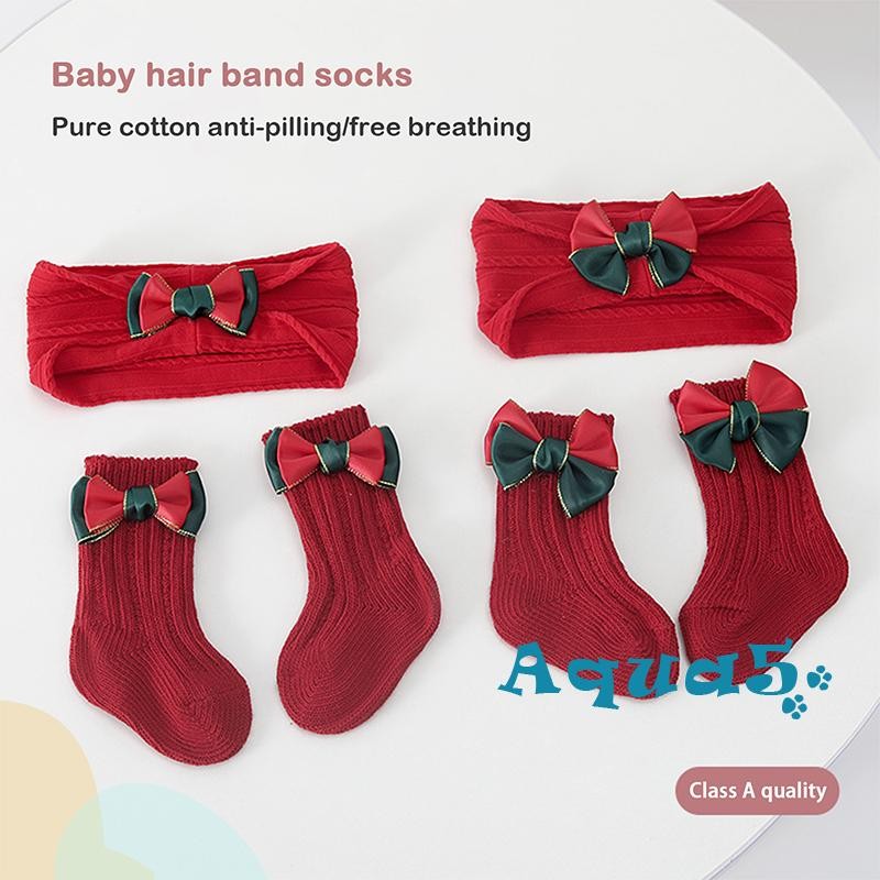 Aqq-คริสต์มาสเด็กวัยหัดเดินถุงเท้าเด็กผู้หญิง 3D Bow Ribbed Warm Non-Slipรองเท้าแตะถุงเท้าHeadband