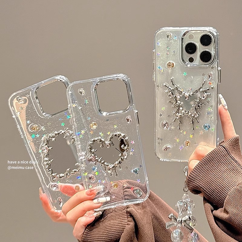 หรูหรา 3D เพชรโลหะแต่งหน้ากระจก Glitter อีพ็อกซี่โปร่งใสเคสโทรศัพท์สําหรับ iPhone 16 Pro Max 11 12 13 14 15 Promax หวาน Girly ฝาครอบมือถือ
