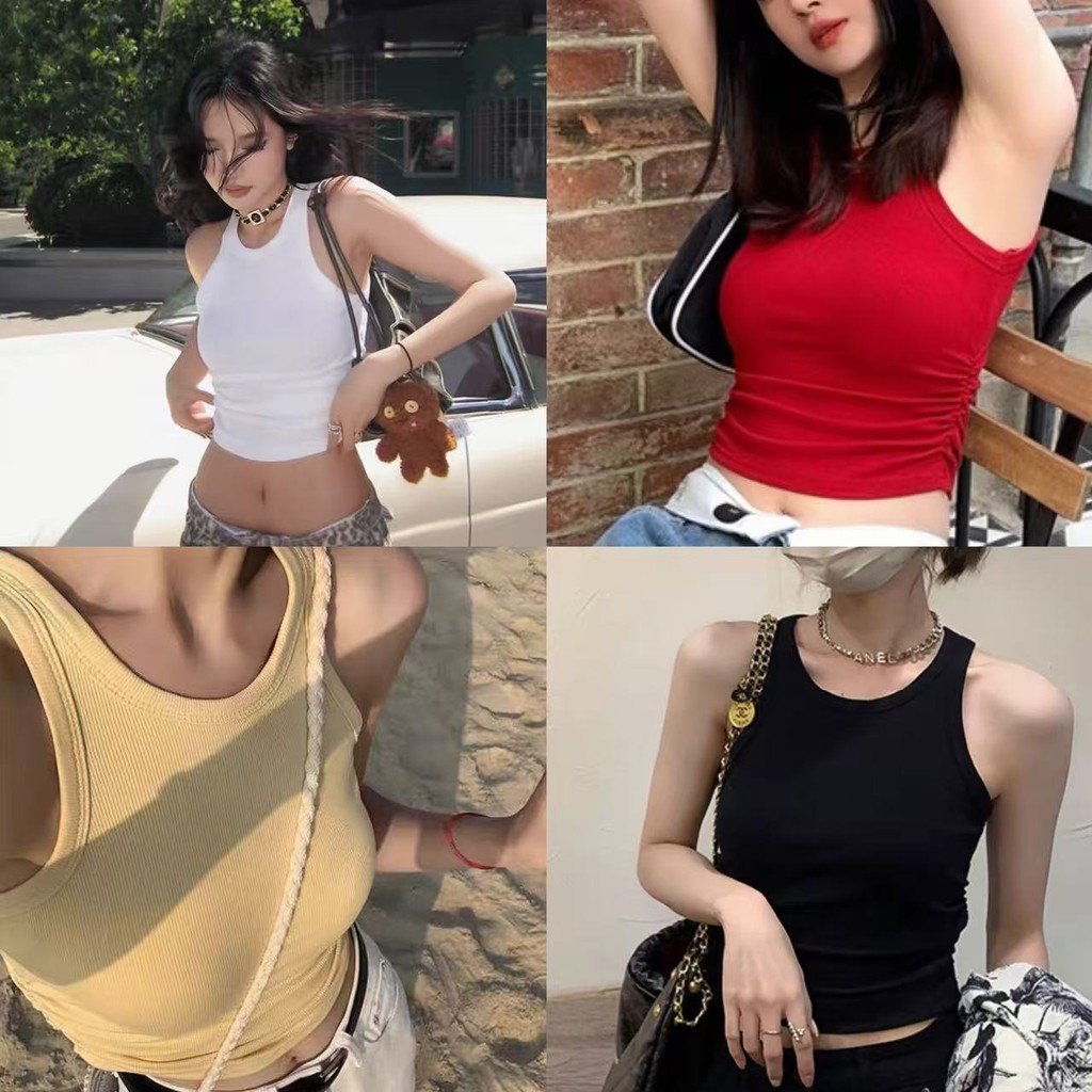 Vivian เสื้อกล้ามทรงครอป มีฟองน้ำ สีพื้น รัดรูป เสื้อกล้ามผู้หญิง หลากสี ใส่สบาย สไตล์ลำลอง#FY2065