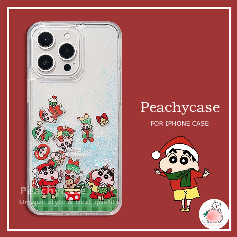 น่ารักการ์ตูนคริสต์มาส Crayon Shin Chan Glitter Quicksand เคสโทรศัพท์สําหรับ iPhone 16 15 14 Plus 13 12 11 Pro Max 15promax อะคริลิคฮาร์ดปกหลังปลอกกันกระแทก