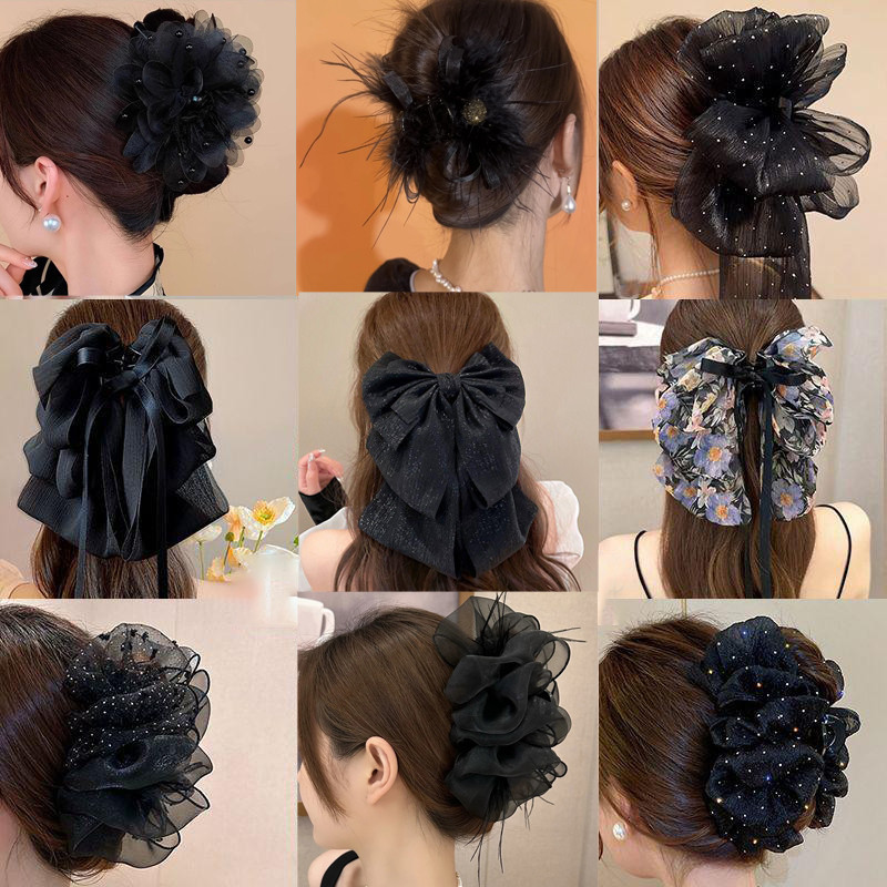 กิ๊บติดผมโบว์ใหญ่ขนนกสไตล์เกาหลีสุภาพสตรีกรงเล็บผมที่สง่างาม