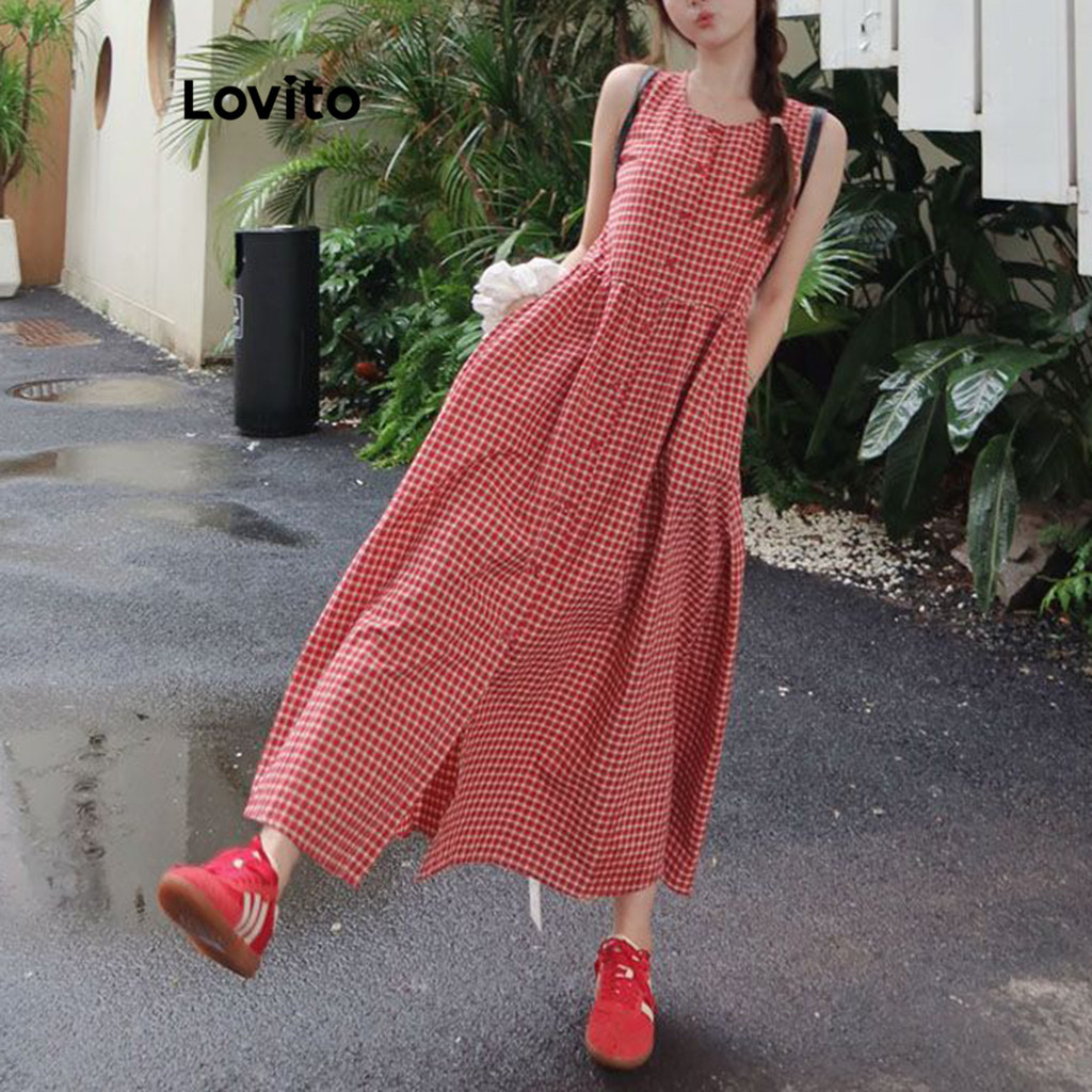 Lovito ชุดเดรสปุ่ม บล็อกสี ลายสก็อตหรูหราสำหรับผู้หญิง LNE77572