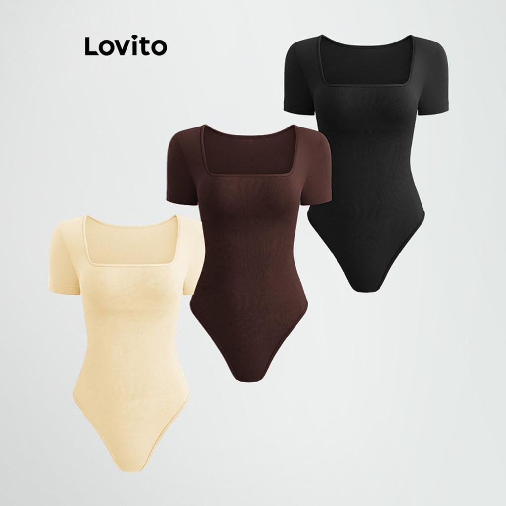Lovito บอดี้สูทผู้หญิง เบสิก สีพื้น สไตล์ลำลอง LNE56476