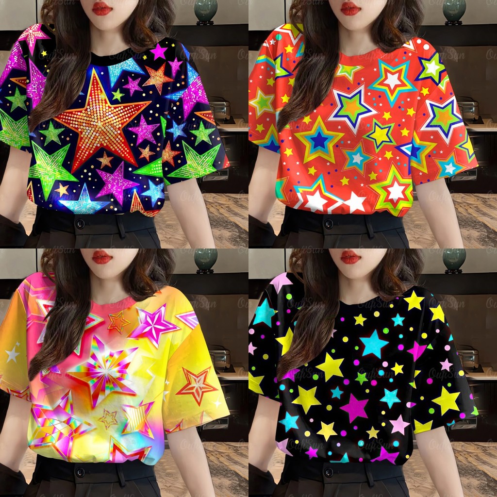 เสื้อไทยมัดย้อมลายดาวพิมพ์เสื้อผู้หญิงเสื้อยืดขนาดใหญ่สบายๆหลวมรอบคอด้านบนเสื้อยืดผู้หญิงเสื้อผ้า