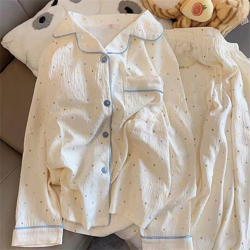 FDS Yunduo ชุดนอนผ้าฝ้ายผู้หญิงกางเกงขายาวคาร์ดิแกนแอปริคอทลายจุดหวานฤดูใบไม้ร่วงนักเรียนชุดบริการที่บ้าน