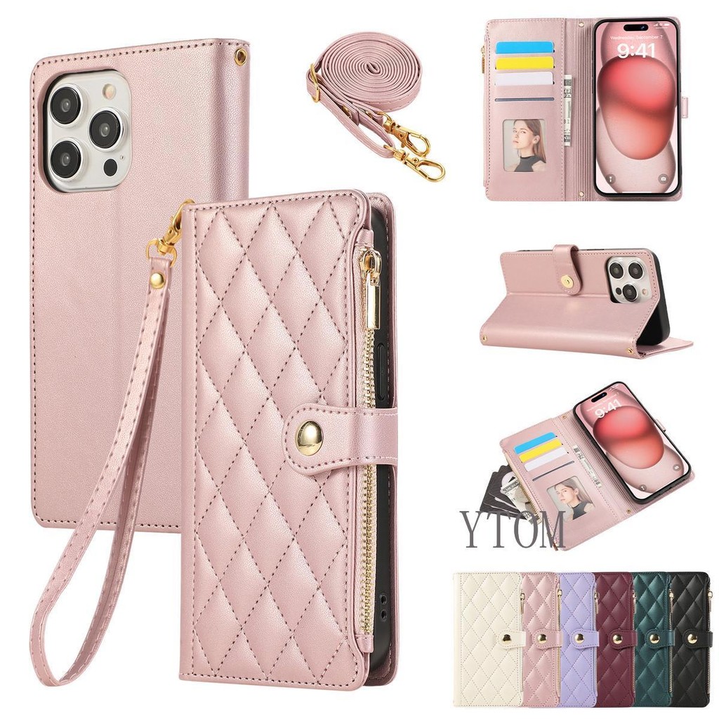 สําหรับ iPhone 13 12 11 Pro XS Max X 8 7 Plus หรูหรานูนซิปกระเป๋าสตางค์หนังผู้หญิงเคสโทรศัพท์ Shatterproof ฝาครอบพร้อมสายคล้อง