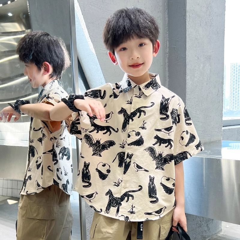 (((80-150 ซม.) Boy เวอร์ชั่นเกาหลีพิมพ์สัตว์เสื้อแขนสั้นเด็กทารกฤดูร้อน Hip-Hop เสื้อ Top
