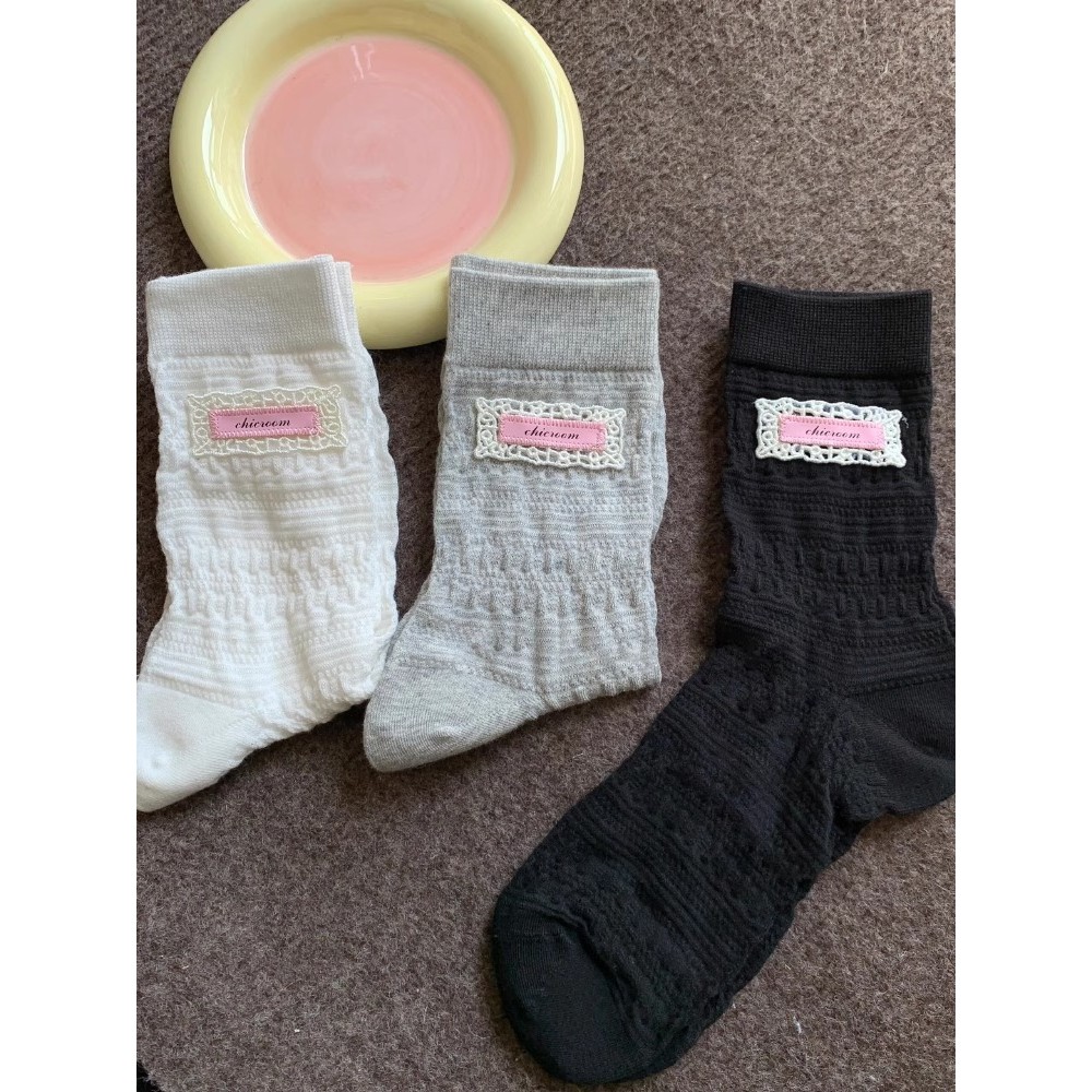 Ins Pink Lace Label ผ้าฝ้ายบางสีทึบจีบ Breathable Sweet Mid-Tube ถุงเท้าผู้หญิง - รูปที่ 2