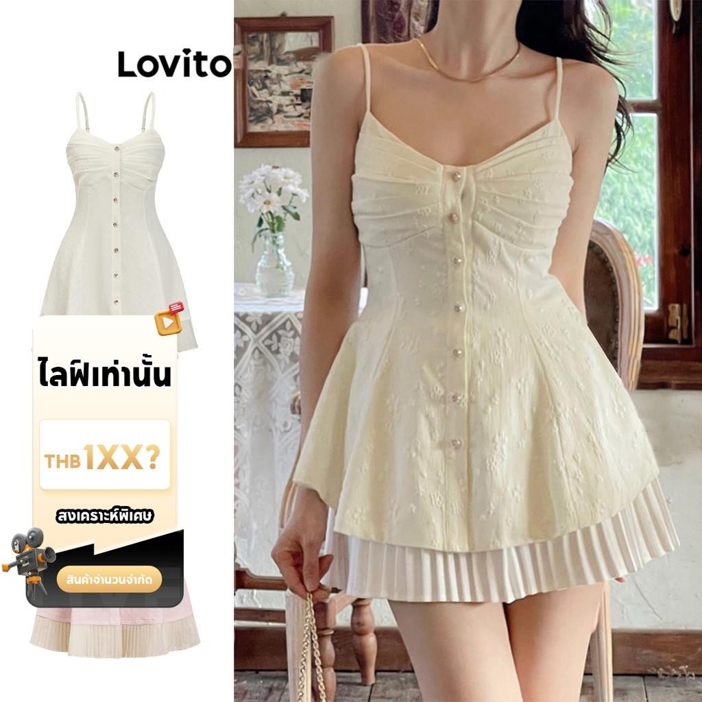 (LIVE STREAM SALE) Lovito ชุดเดรสผู้หญิง มีกระดุม ผ้าแจ็กการ์ด แต่งจีบ สไตล์ลำลอง L86ED347